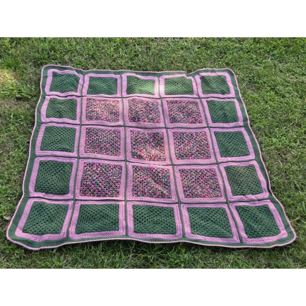 Vintage Granny Square Crochet Knit Afghan Throw Blanket Multicolor Green Pink